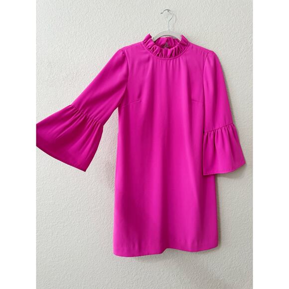 J.Crew Ruffle Mock Neck Bell Sleeve Sheath Dress Bright Fuchsia Size 2 - Picture 4 of 7